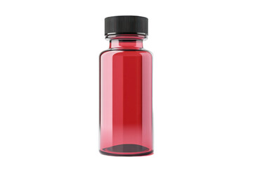 A red transparent bottle with a black ribbed cap isolated against a black background in studio light