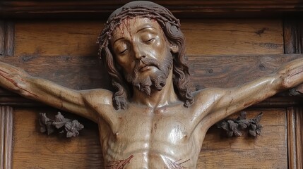 Antique Wooden Crucifix: A Detailed Carving of Jesus Christ on the Cross