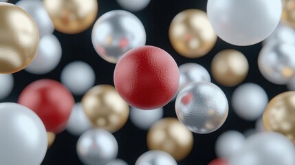 Naklejka premium Abstract spheres in various colors and textures. A multitude of glossy, levitating spheres in gold, white, red, and silver against a black backdrop