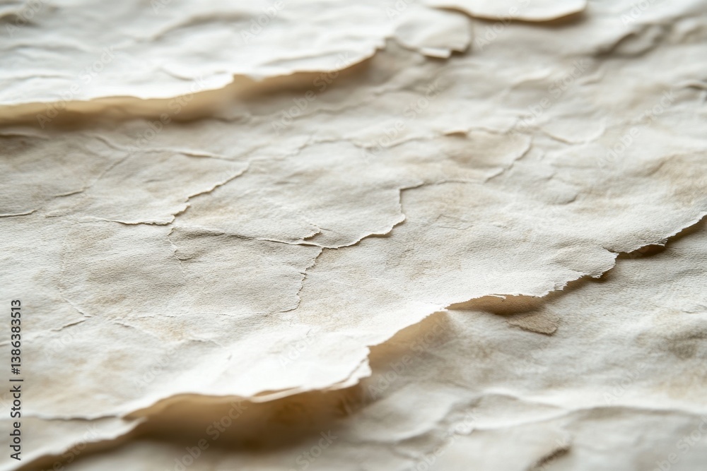 Poster Torn sheets of handmade paper arranged on a light surface showcasing unique textures and fibers in a creative workspace