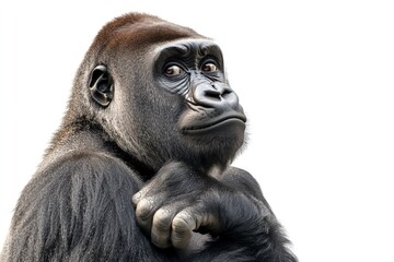 Obraz premium Thoughtful Gorilla Portrait with Hand on Chin Looking Up on White