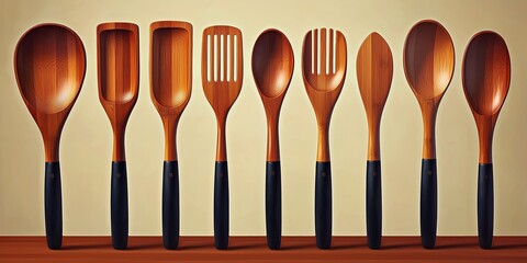 Fototapeta premium Collection of handcrafted wooden kitchen utensils displayed on a wooden surface in a warm setting for culinary enthusiasts