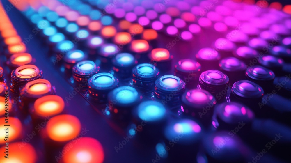 Poster Colorful LED lights create a vibrant display in a darkened space, illuminating the atmosphere with various hues and patterns during an evening event