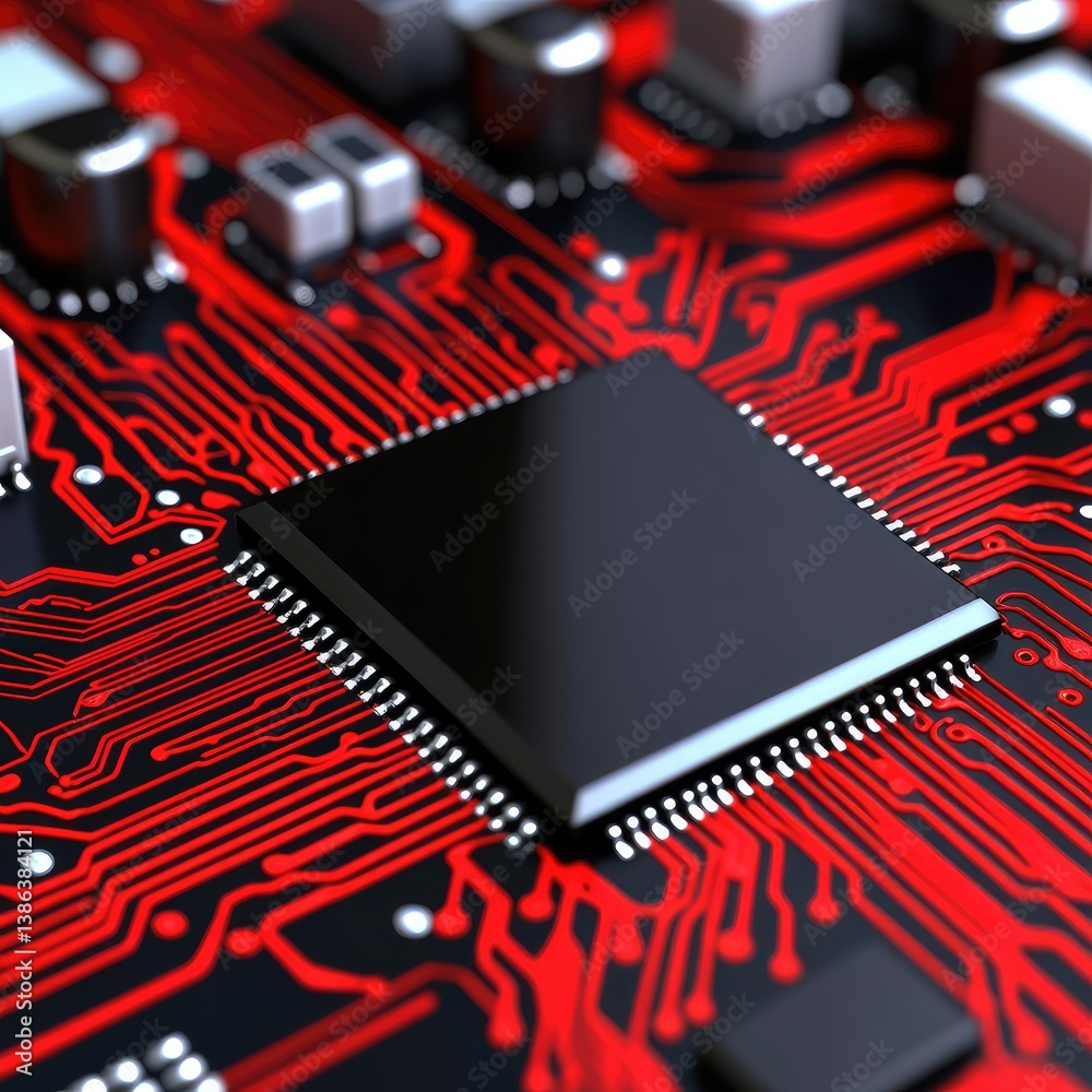 Poster close up view of a modern computer circuit board a central processing unit with red circuitry