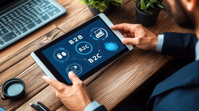 Businessman reviewing B2B/B2C strategies on tablet at office desk