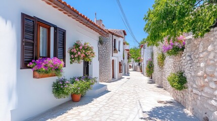 A picturesque street features whitewashed houses adorned with vibrant flower boxes. Stone walls and lush greenery line the path. The image boasts high quality and bright, natural lighting. Its aest