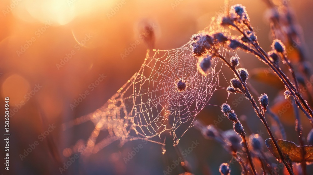 Wall mural a close-up view of a delicate spider web adorned with glistening dew droplets, illuminated by the wa