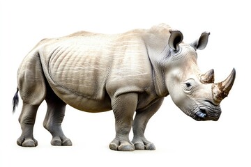 Obraz premium Standing Rhinoceros with Detailed Skin Texture in Clean White Background