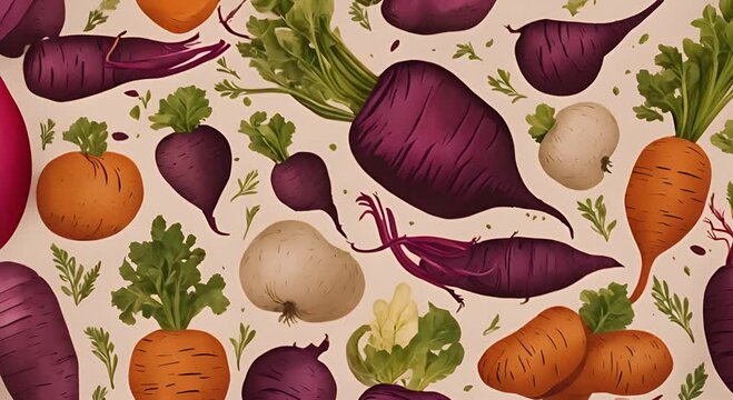 Variety of root vegetables including beets carrots and potatoes are roasted until tender and seasoned with fresh herbs 4K