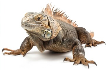 Obraz premium Iguana Portrait on White Background Showcasing Its Textured Skin Details