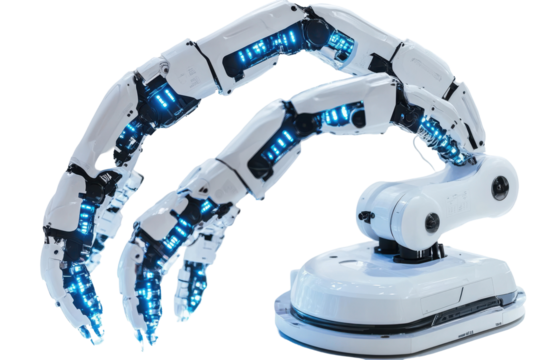 Advanced Robotic Arms with Blue Lights Futuristic Technology isolated on transparent background
