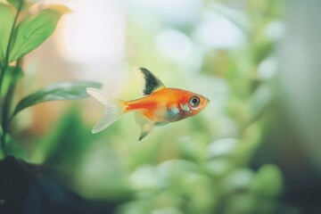 Obraz premium Ember Tetra Swimming in Aquarium with Green Plants Close Up View