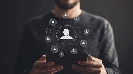 Man using tablet, network connection, dark background, social media