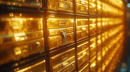Gold safe deposit boxes in a row, illuminated by warm light