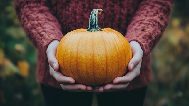 Caucasian female holding orange pumpkin in autumn sweater