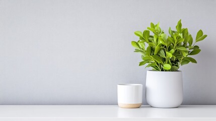 A green potted plant sitting on a white shelf against a light grey wall, minimalist interior design, and natural and serene home decor concept.