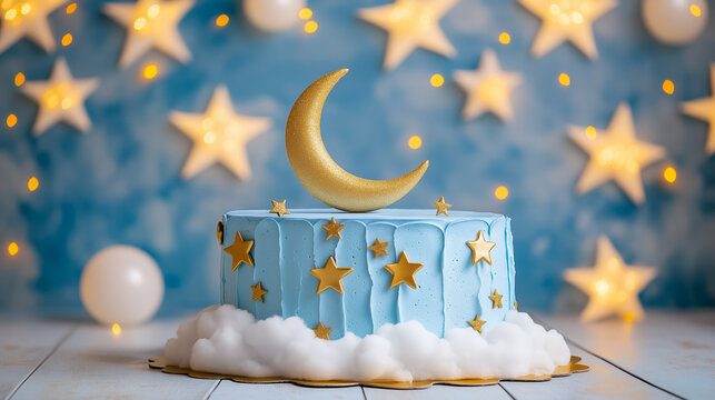 A dreamy celestial-themed cake featuring a light blue buttercream finish, adorned with golden stars, sparkling crescent moon topper and fluffy cloud-like decorations, surrounding the base.