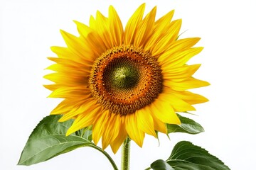 Obraz premium Bright Yellow Sunflower Blossom with Green Leaves on White Background
