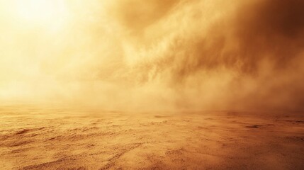 A vast, desolate landscape depicted under a cloudy and hazy sky, characterized by a golden-yellow hue that filters through swirling dust particles. The ground appears barren and cracked, enhancing the