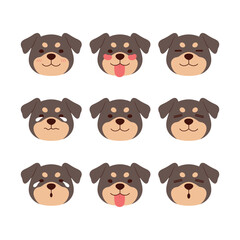 Set of cute dog emoji expressions featuring a playful and expressive puppy rottweiler. Various emotions: happiness, surprise, love. Perfect for stickers and icons. Vector isolated on white.