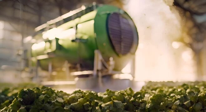 In the heart of the plant a closeup shot captures the controlled environment of an anaerobic digester Bacteria break down organic waste materials producing biogas which is collected 4K