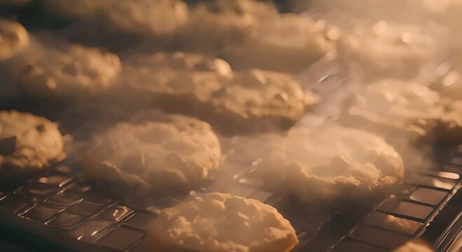 Golden brown chocolate chip cookies cooling on a baking sheet fresh out of the oven filling the kitchen with a warm and inviting aroma 4K