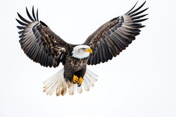 Obraz premium Bald Eagle in Flight Soaring with Wings Spread Against White Background