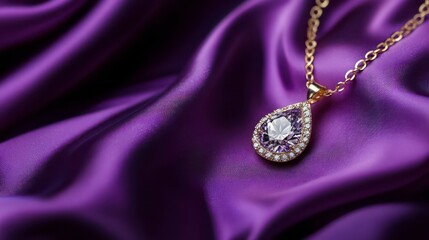 Fototapeta premium Elegant gold diamond necklace resting on luxurious purple silk fabric with space for personalized text or branding.