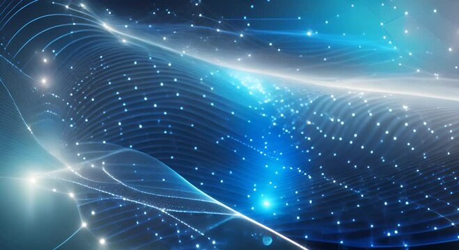 Glowing blue lines and dots create a digital landscape symbolizing data flow and connectivity in technology The abstract design conveys innovation and the power of information in the digital era 4K