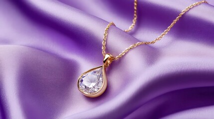Fototapeta premium Elegant gold diamond necklace resting on luxurious purple silk fabric with space for personalized text or branding.