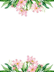 Fototapeta premium Watercolor floral frame on white background. Hand drawn cosmos flowers illustration for birthday, wedding, anniversary, romantic event, invitations.