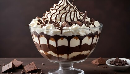 A studio shot of a chocolate sundae in a glass bowl, with chocolate syrup dripping down the sides, topped with whipped cream