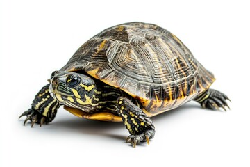 Fototapeta premium Turtle Walking on White Background Close-up in Studio Shot