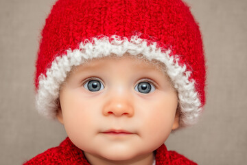 Caucasian baby with blue eyes wearing red and white knitted winter hat and sweater looking at camera for christmas, holiday or seasonal childhood portrait 