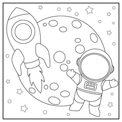 Astronaut in space. Black and white vector illustration for coloring book.