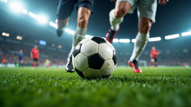 Close-up view of soccer players in action during a night match, with a focus on the ball on a green grass field under stadium lights