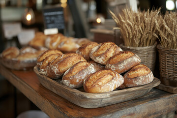 Tray of assorted breads on a rustic wooden table, with a mix of loaves, baguettes, and buns, creating an inviting and delicious display.