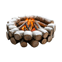 A Fire Pit Surrounded by Logs and Snow Isolated on Transparent Background