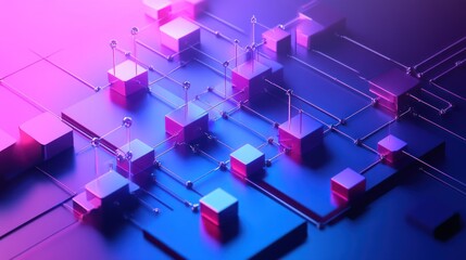Abstract 3D circuit board network, futuristic design, neon glow
