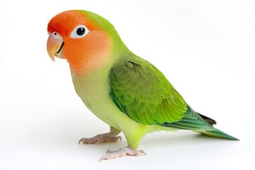 Standing Lovebird Parrot with Green and Orange Plumage on White Background