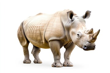 Obraz premium Standing Rhinoceros with Distinctive Horn on Isolated White Background Studio