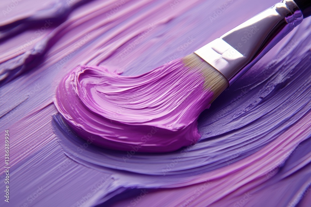 Poster colorful brush applying pink paint on a canvas in an artistic workshop during daytime