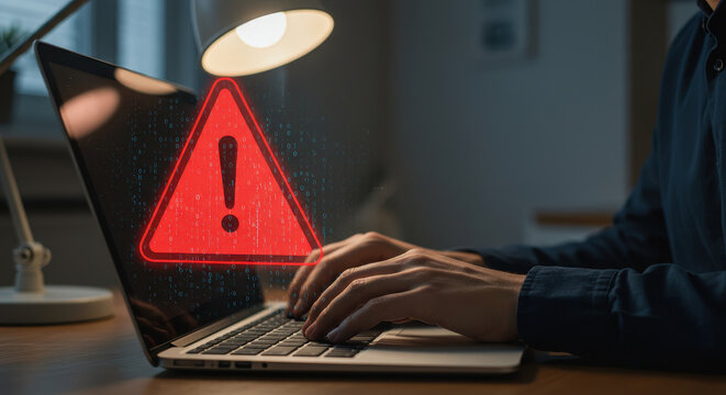 Cyber Security Warning: Red Alert on Laptop, Online Threat Detected, Data Breach, Hacking Attack, System Error, Virus Alert, Cybercrime, Scam!