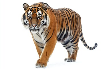 Obraz premium Walking Tiger Portrait on White Background Wild Animal Presentation Wildlife Theme