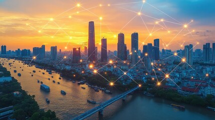 Connected Cityscape at Sunset: Urban Network and River