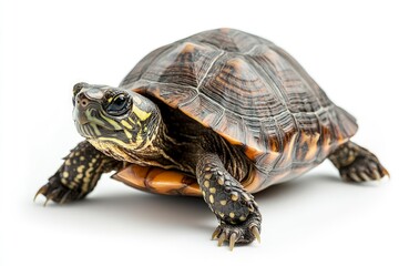Obraz premium Walking Turtle with Patterned Shell on White Background Studio Shot