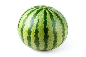 Isolated Whole Watermelon on White Background Showing Striped Green Skin