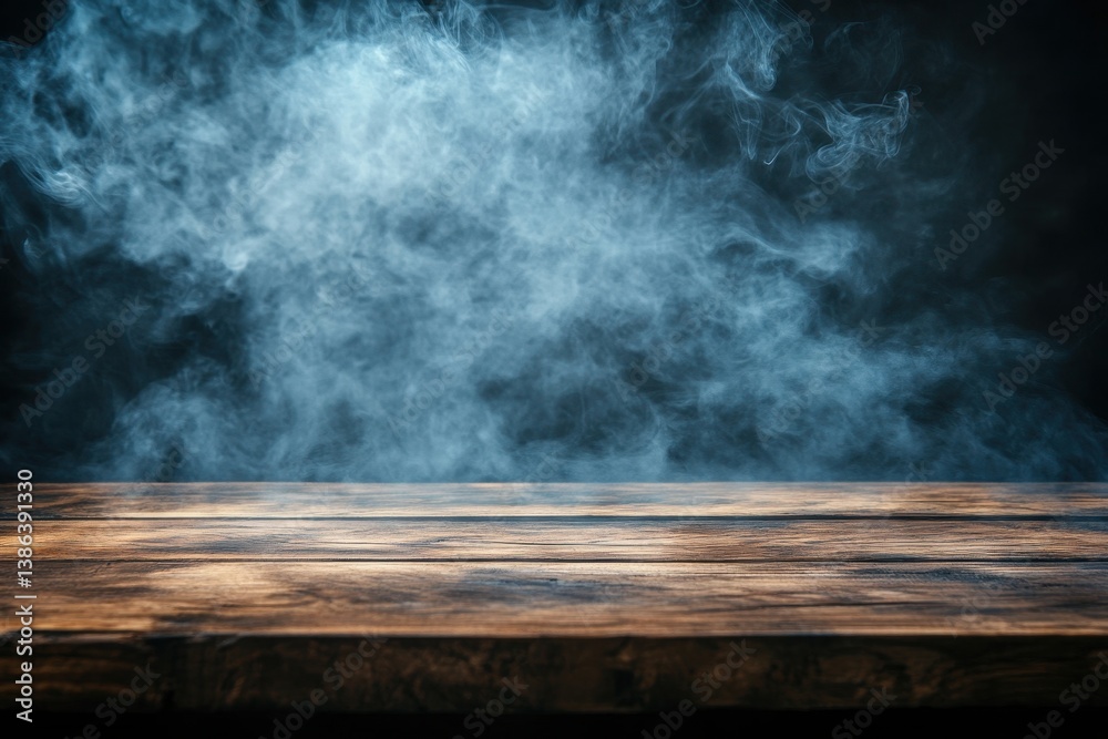 Poster foggy atmosphere created on a wooden surface with swirling smoke against a dark backdrop in a low-li