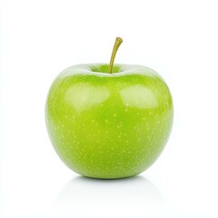 A vibrant green apple lies on a  white background, showcasing its crisp texture and fresh appeal.