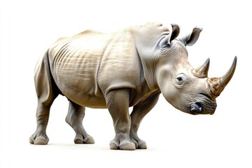 Obraz premium Isolated Rhino Standing Profile Close-up with Horn on White Background